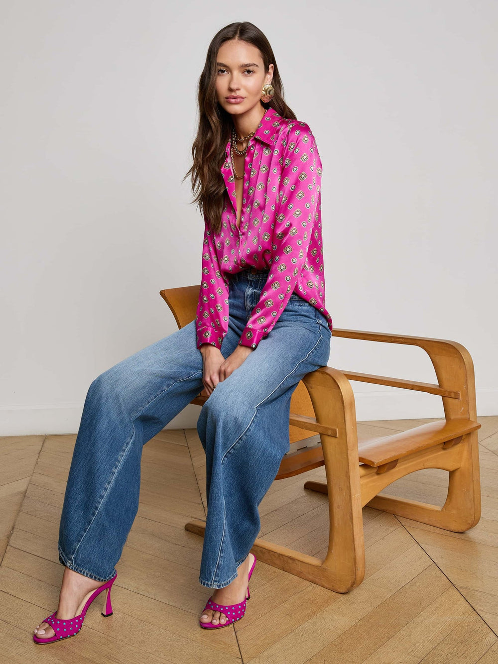 Tyler Silk Blouse in Fuchsia/Turquoise Southwestern Geo | L'AGENCE sale