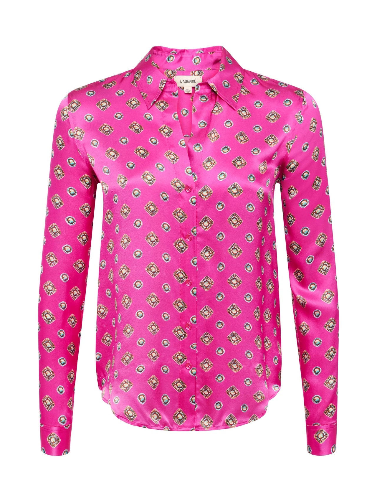 Tyler Silk Blouse in Fuchsia/Turquoise Southwestern Geo | L'AGENCE sale