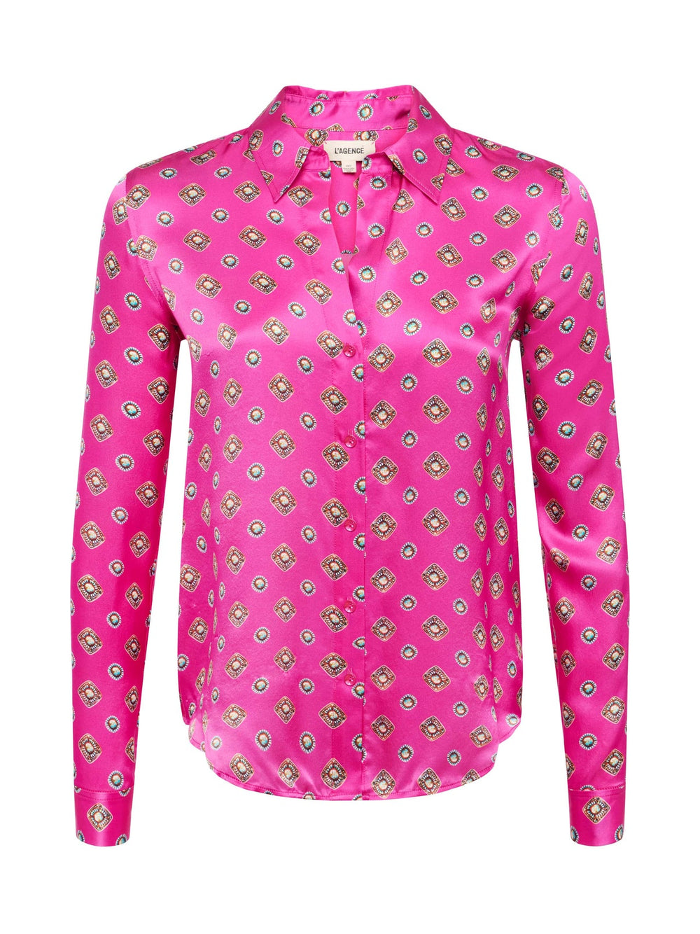 Tyler Silk Blouse in Fuchsia/Turquoise Southwestern Geo | L'AGENCE sale