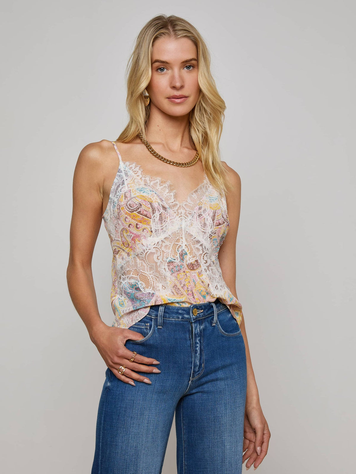 Kilah Silk Lace Camisole in Multi Western Paisley | L'AGENCE Women