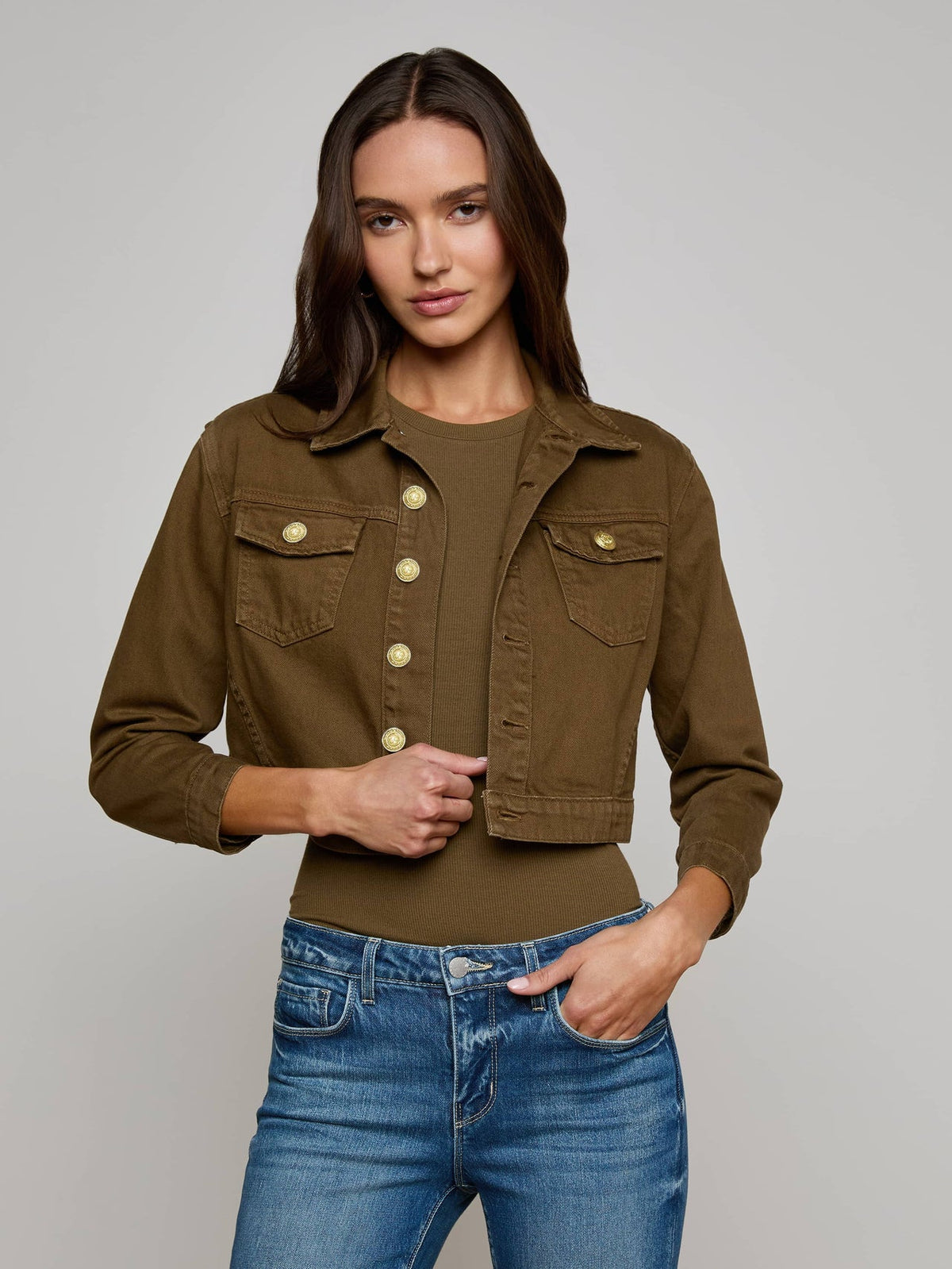 Koda Cropped Jean Jacket in Pine | L'AGENCE discount