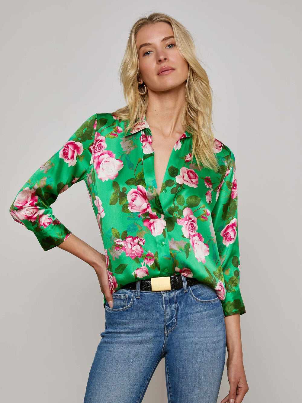 Dani Silk Blouse in Green Multi Santa Fe Rose | L'AGENCE US