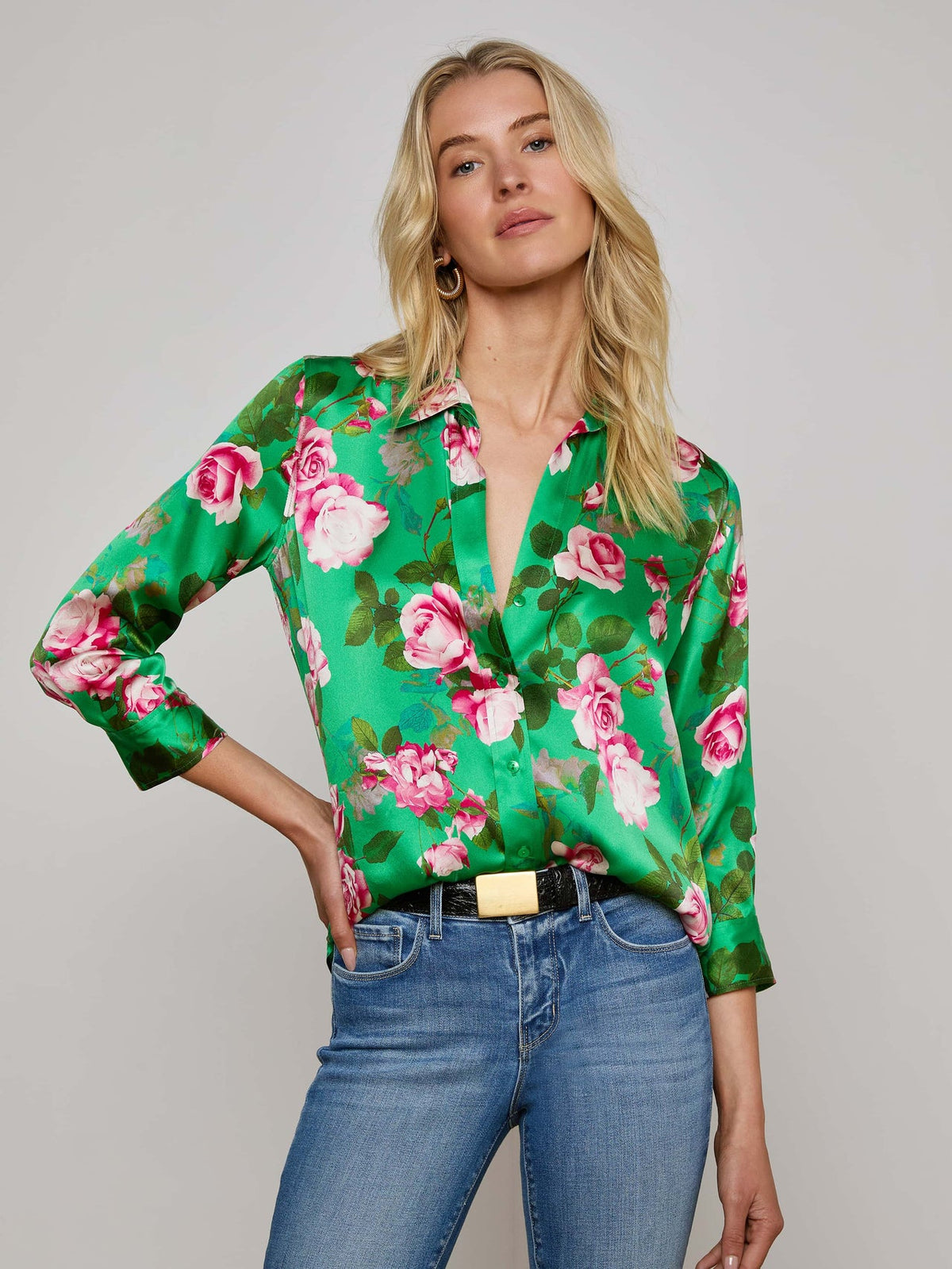 Dani Silk Blouse in Green Multi Santa Fe Rose | L'AGENCE US