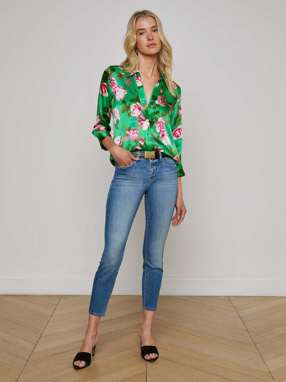 Dani Silk Blouse in Green Multi Santa Fe Rose | L'AGENCE US