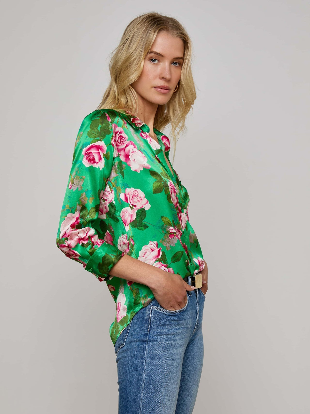 Dani Silk Blouse in Green Multi Santa Fe Rose | L'AGENCE US