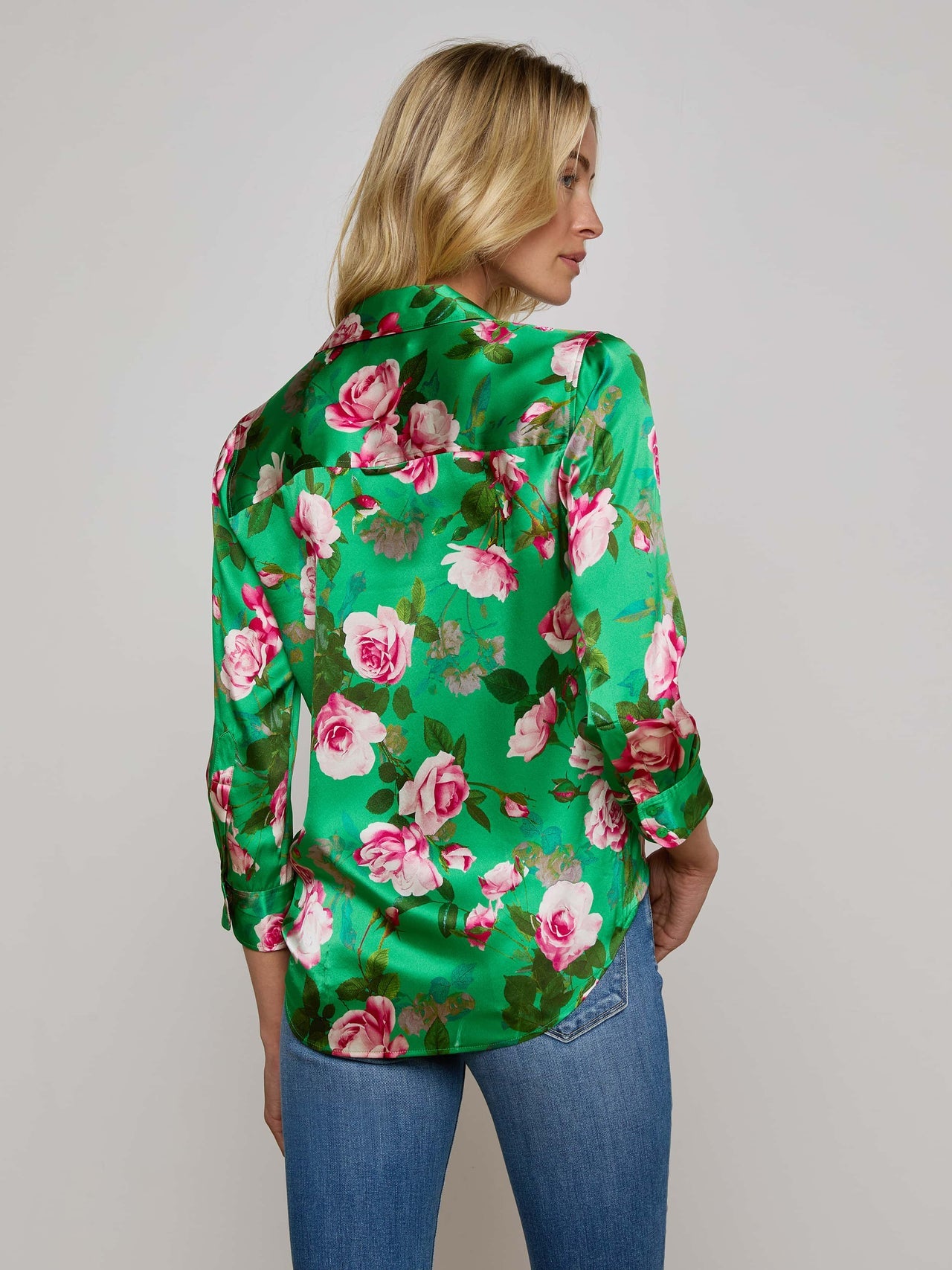 Dani Silk Blouse in Green Multi Santa Fe Rose | L'AGENCE US