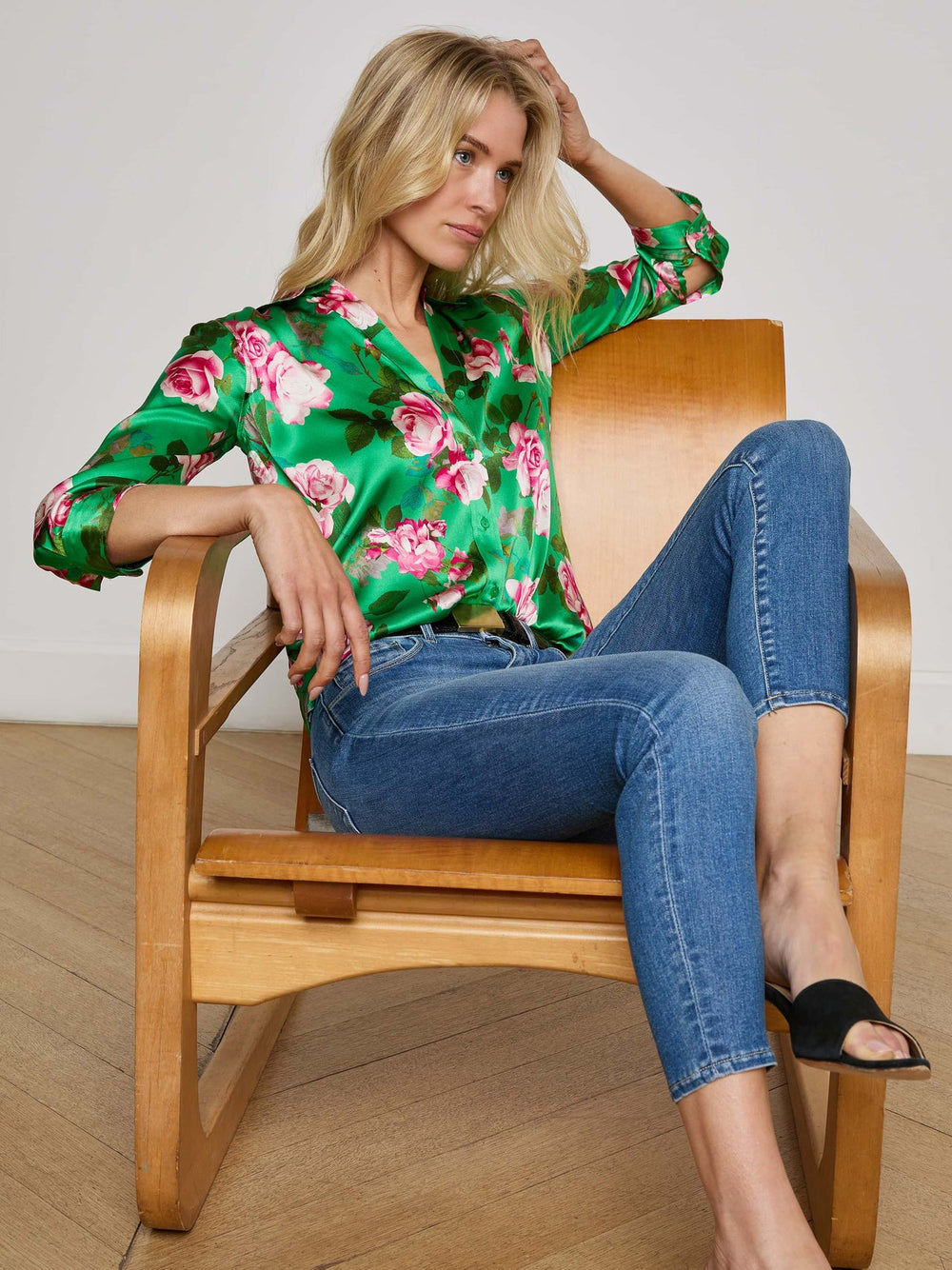 Dani Silk Blouse in Green Multi Santa Fe Rose | L'AGENCE US