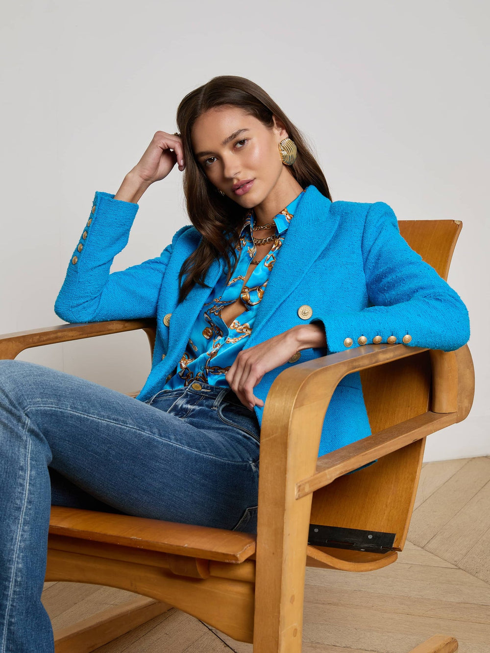 Brooke Tweed Blazer in Dresden Blue/Gold Chain | L'AGENCE Women