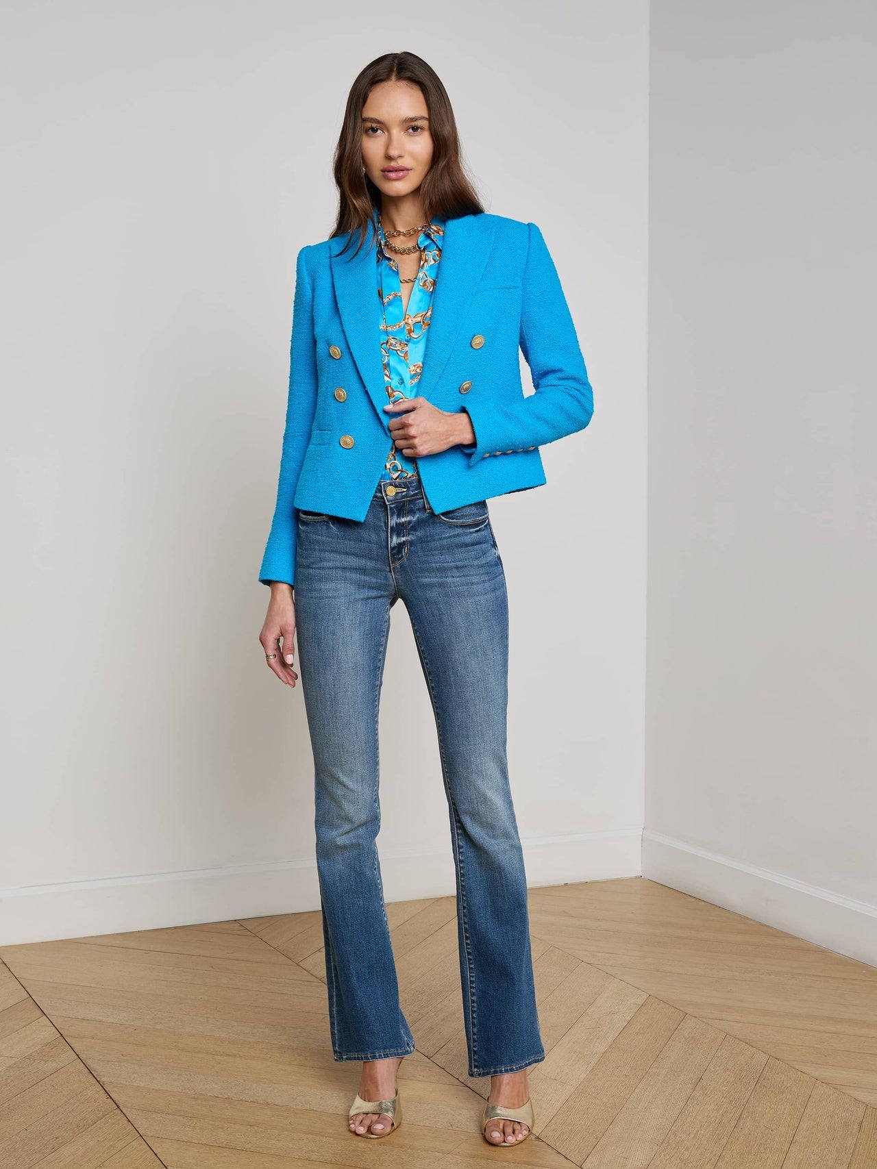 Brooke Tweed Blazer in Dresden Blue/Gold Chain | L'AGENCE Women