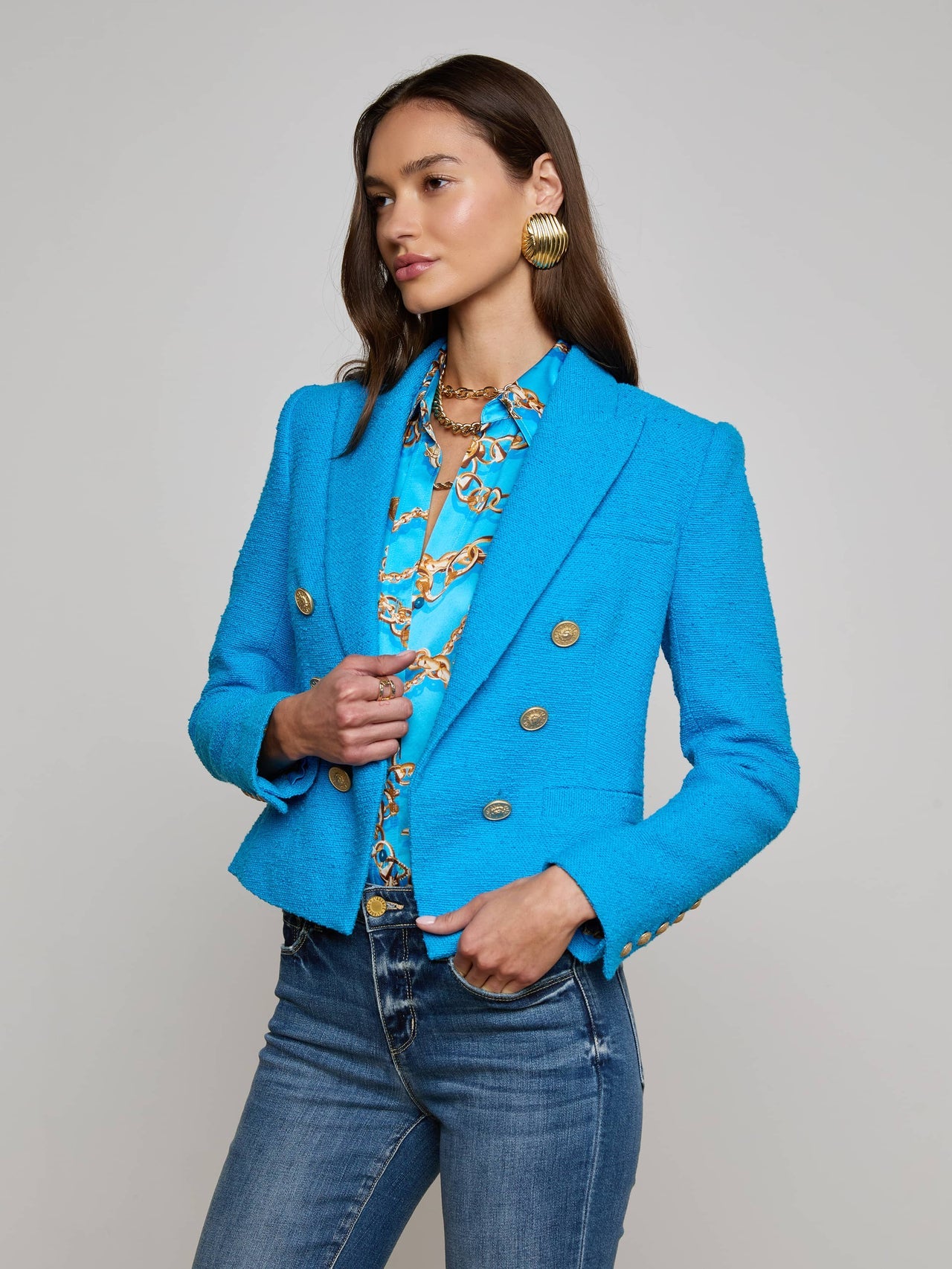 Brooke Tweed Blazer in Dresden Blue/Gold Chain | L'AGENCE Women
