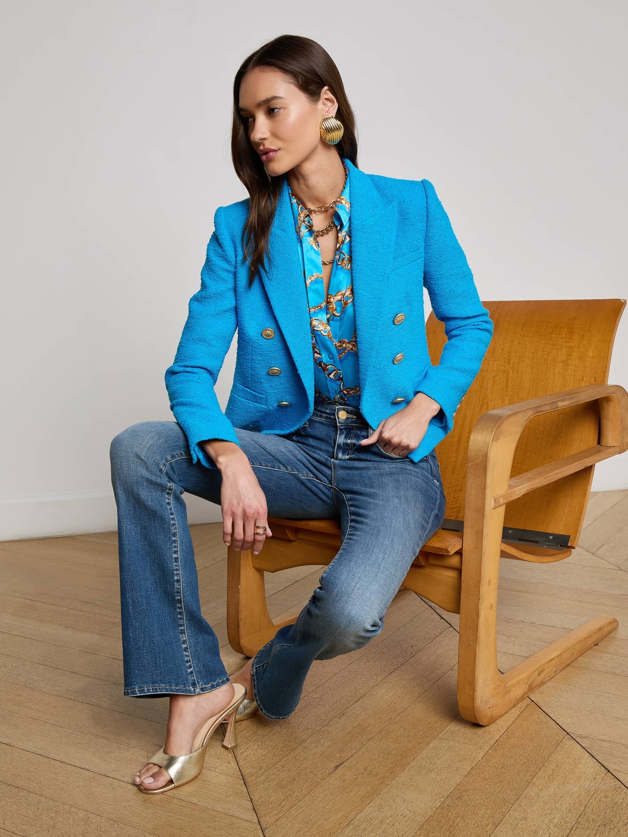 Brooke Tweed Blazer in Dresden Blue/Gold Chain | L'AGENCE Women