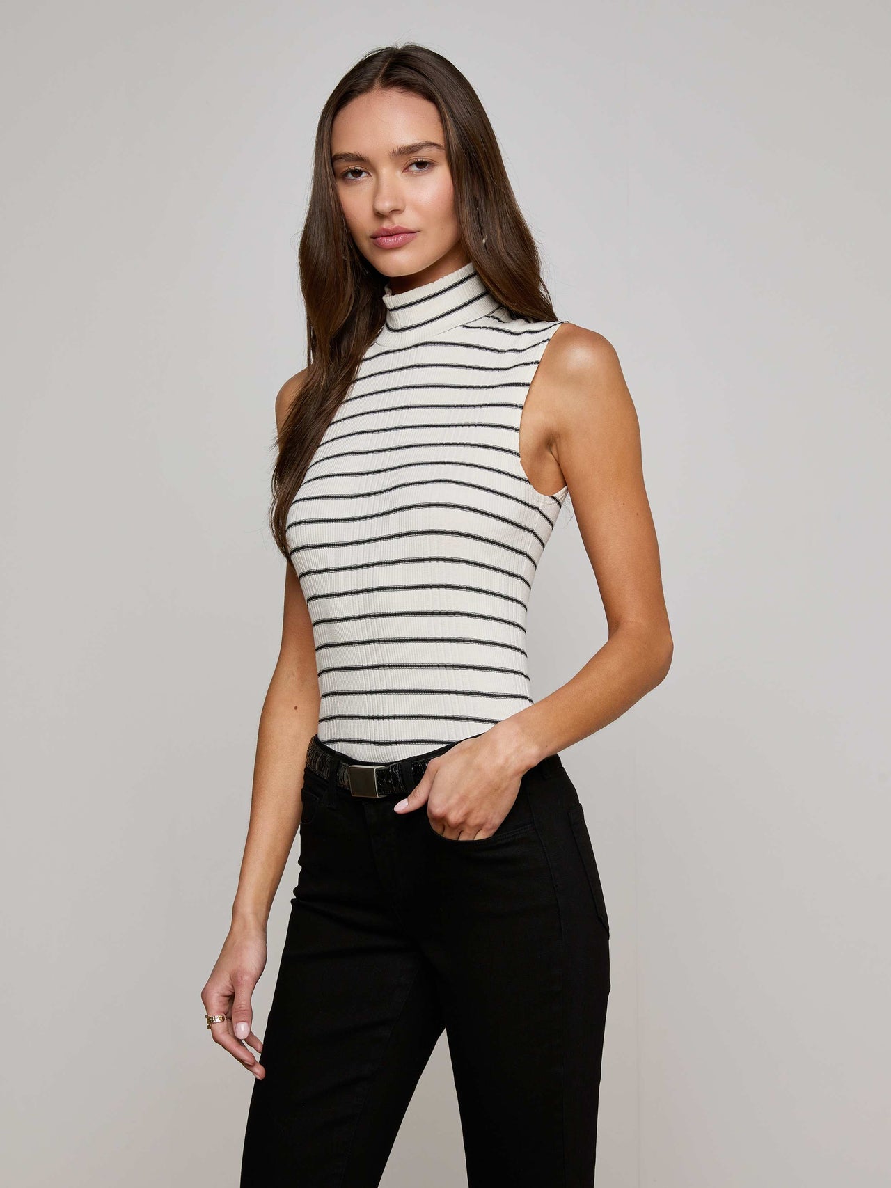 Rosie Mock-Neck Tank in Black/Ivory Stripe | L'AGENCE for sale