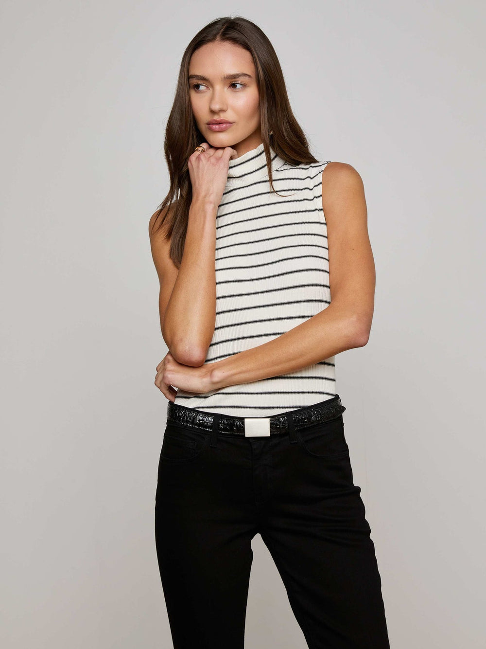 Rosie Mock-Neck Tank in Black/Ivory Stripe | L'AGENCE for sale