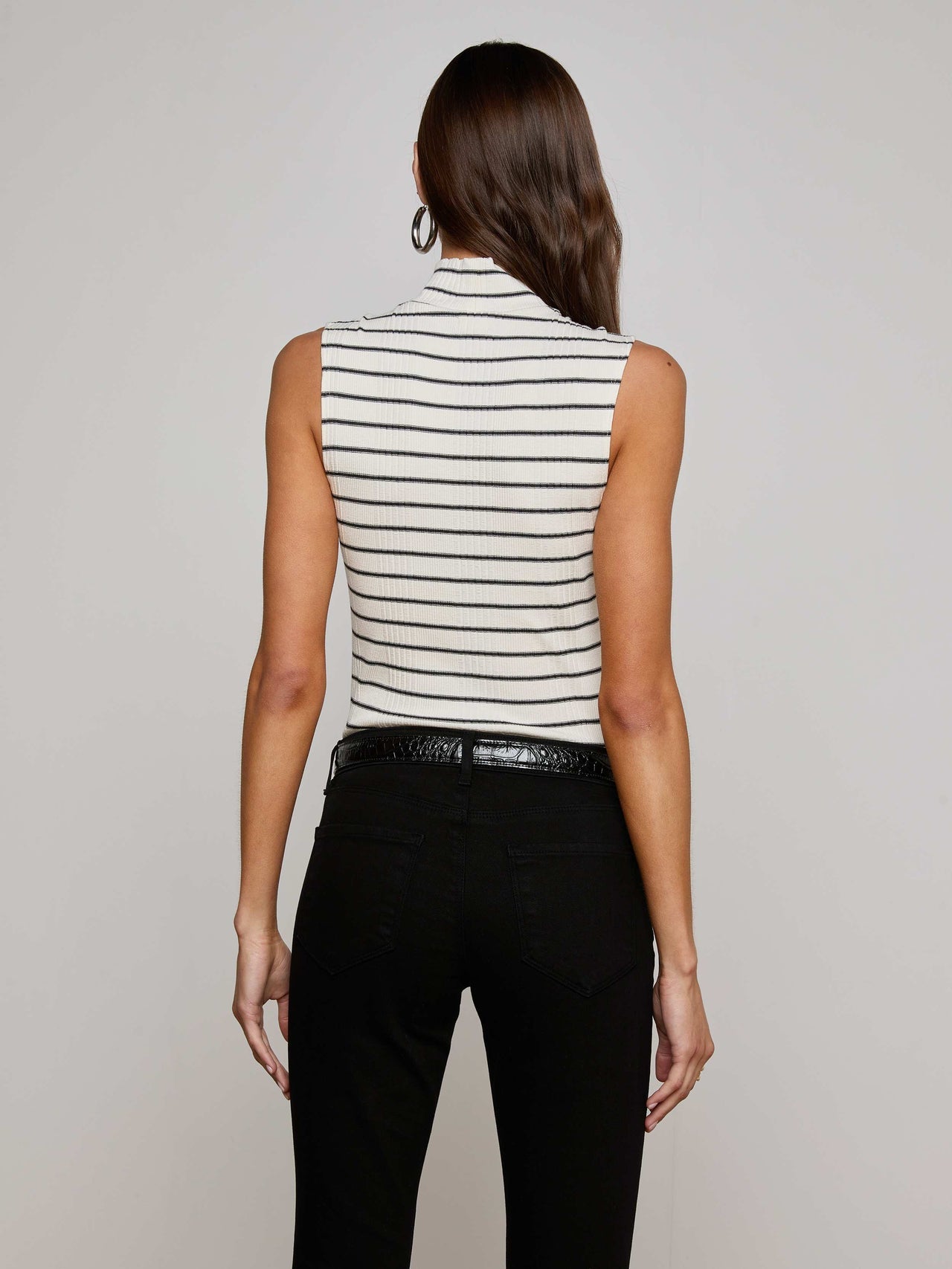 Rosie Mock-Neck Tank in Black/Ivory Stripe | L'AGENCE for sale