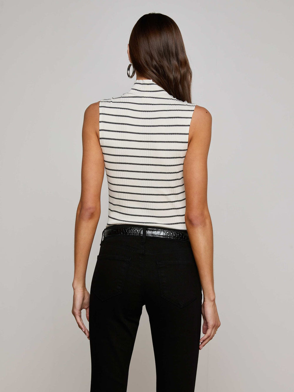 Rosie Mock-Neck Tank in Black/Ivory Stripe | L'AGENCE for sale