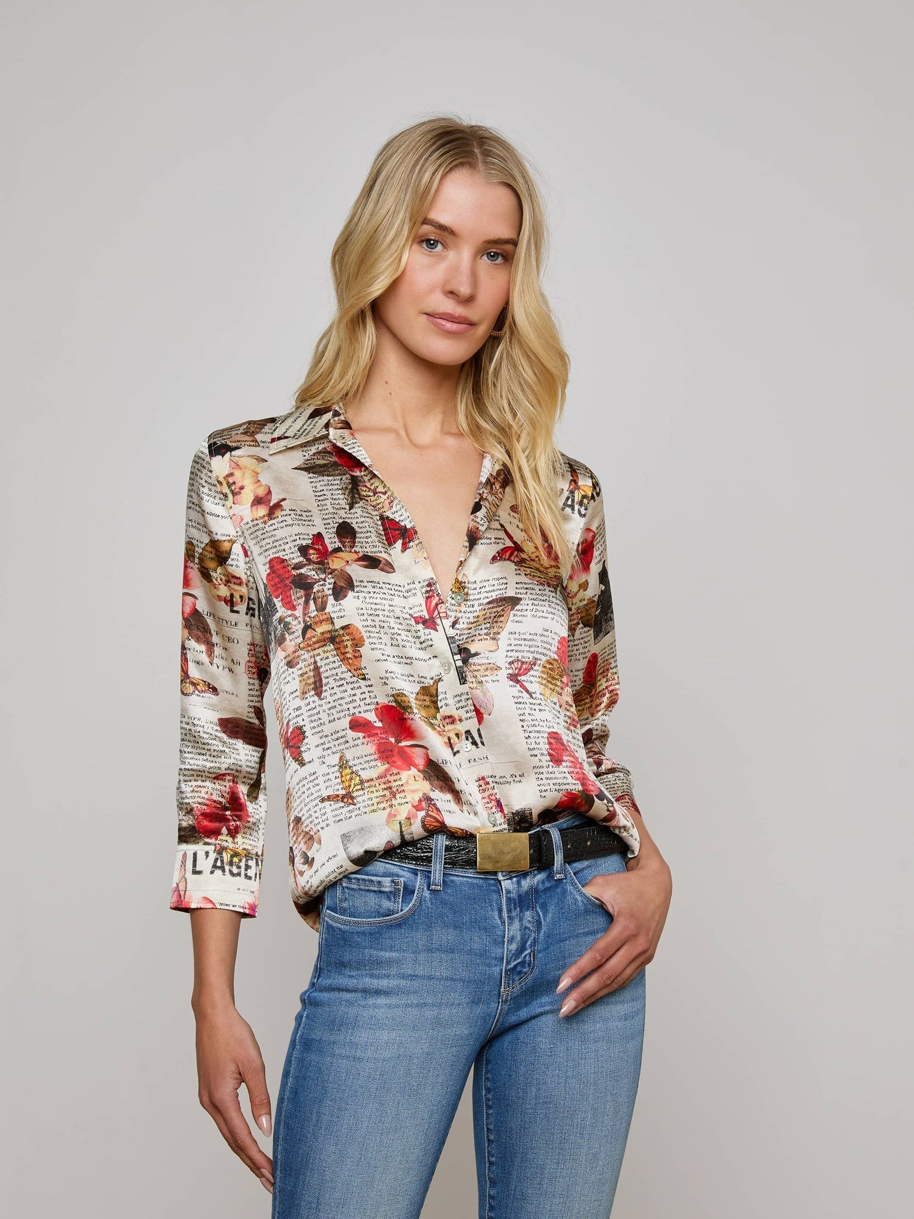 Dani Silk Blouse in Multi Butterfly Rose Newspaper | L'AGENCE online