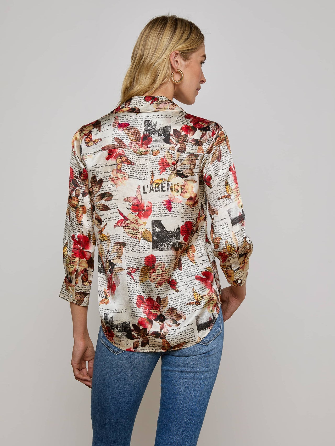 Dani Silk Blouse in Multi Butterfly Rose Newspaper | L'AGENCE online