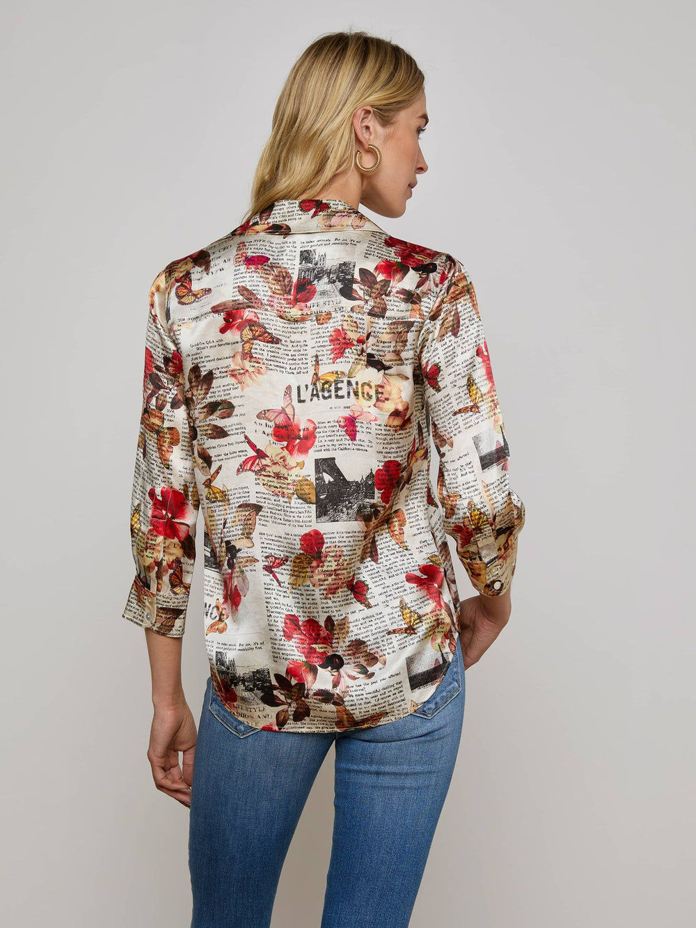 Dani Silk Blouse in Multi Butterfly Rose Newspaper | L'AGENCE online