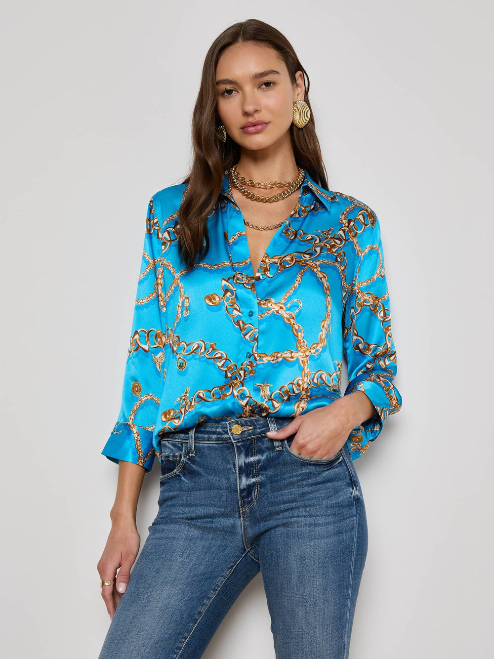 Dani Silk Blouse in Dresden Blue/Gold Multi Southwest Chain | L'AGENCE online