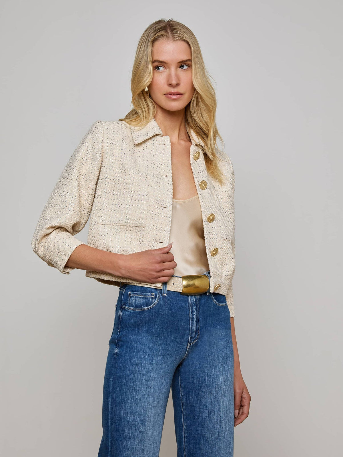 Jia Sequined Tweed Jacket in Ecru Multi Color Sequin Tweed | L'AGENCE online