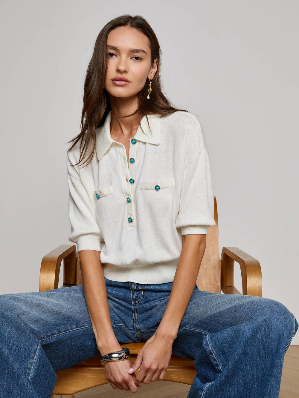 Masaki Cropped Sweater in White/Turquoise | L'AGENCE near me