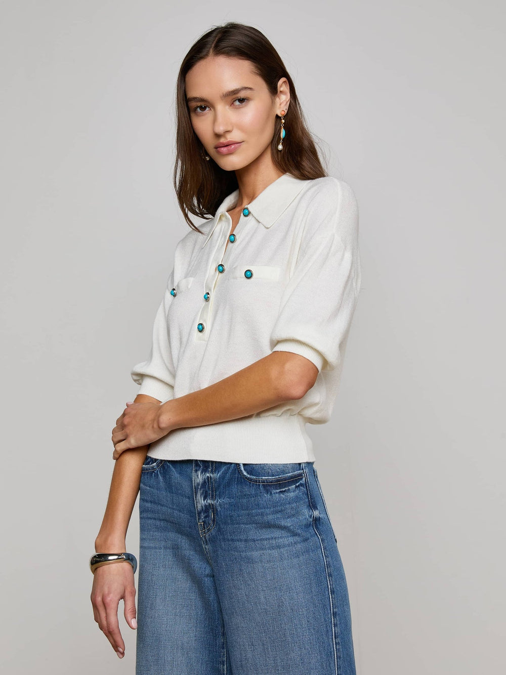 Masaki Cropped Sweater in White/Turquoise | L'AGENCE near me