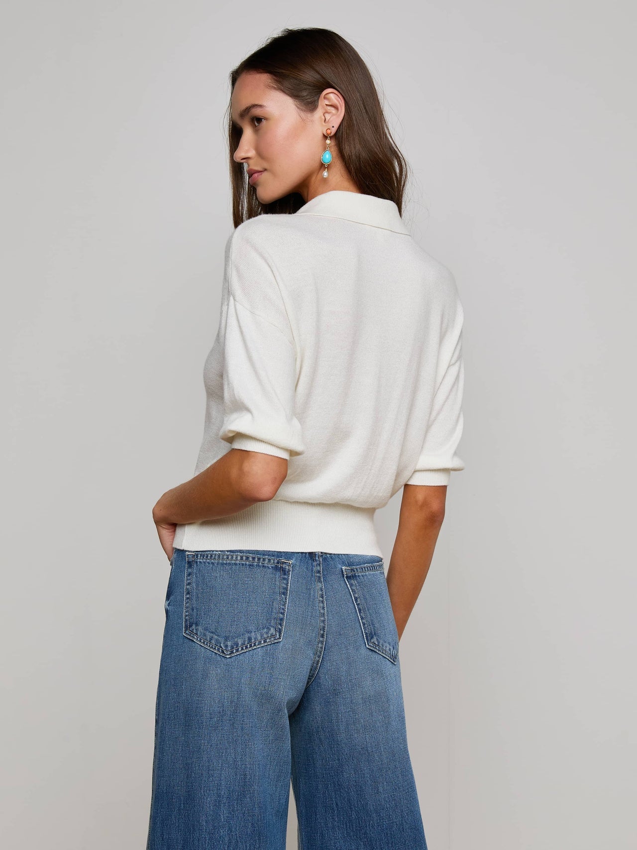 Masaki Cropped Sweater in White/Turquoise | L'AGENCE near me