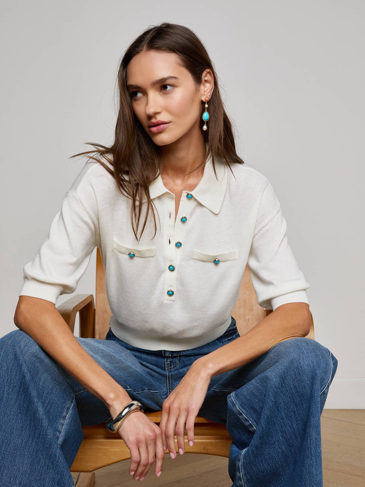Masaki Cropped Sweater in White/Turquoise | L'AGENCE near me