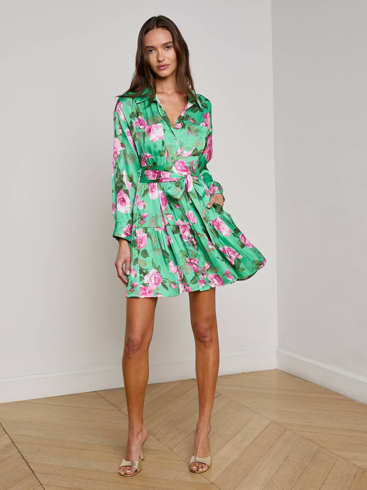 Virlen Satin Shirt Dress in Green Multi Large Santa Fe Rose | L'AGENCE for sale