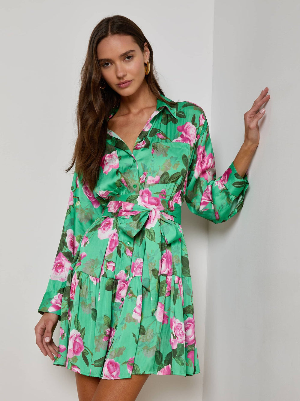 Virlen Satin Shirt Dress in Green Multi Large Santa Fe Rose | L'AGENCE for sale