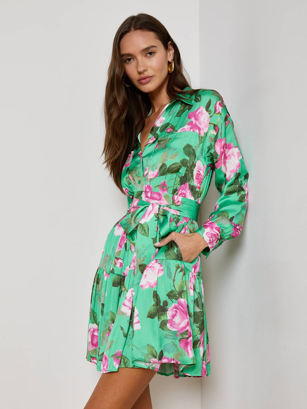 Virlen Satin Shirt Dress in Green Multi Large Santa Fe Rose | L'AGENCE for sale