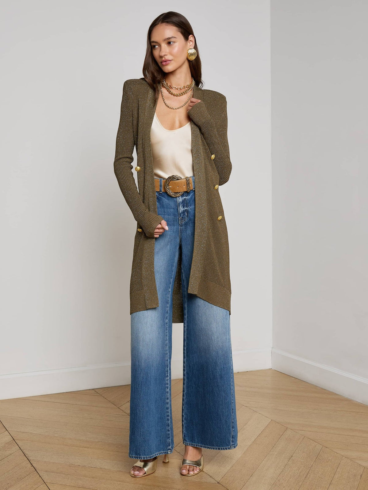 Noe Double-Breasted Cardigan in Pine/Gold | L'AGENCE for sale