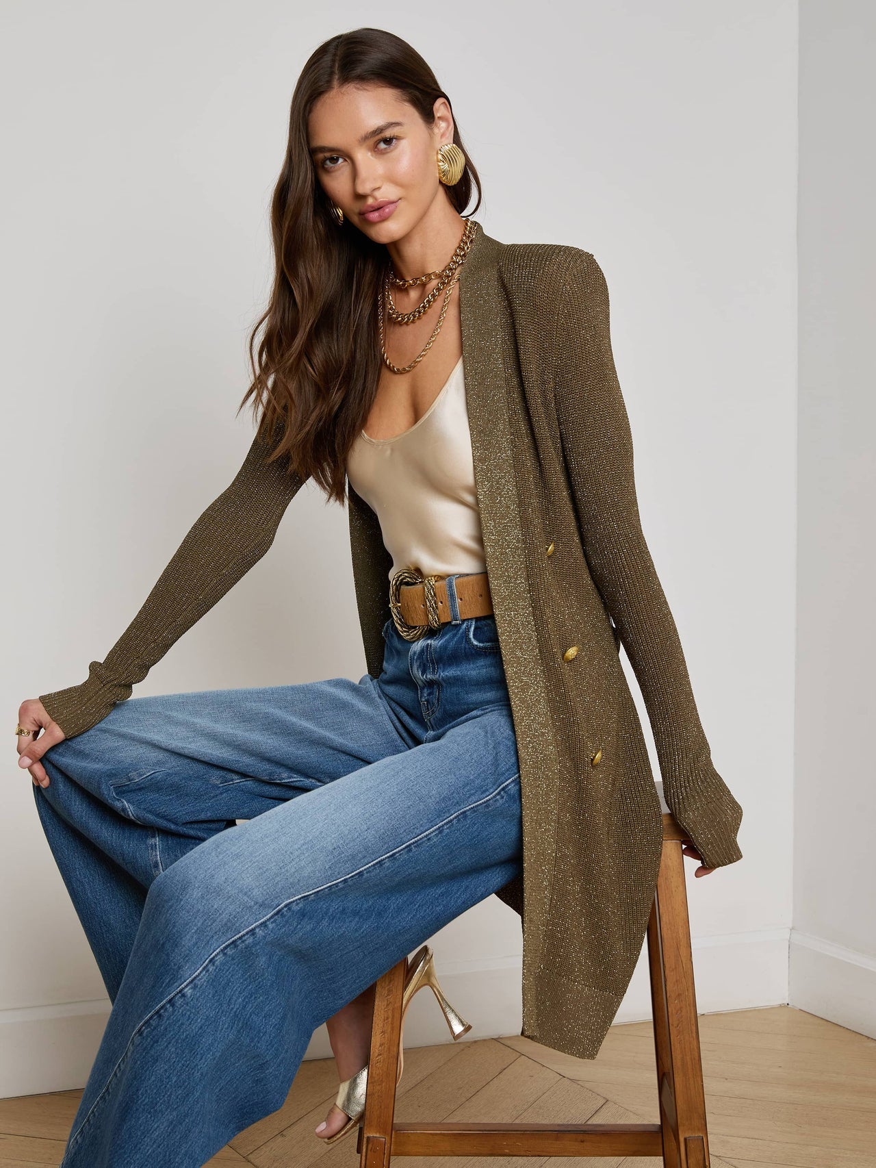 Noe Double-Breasted Cardigan in Pine/Gold | L'AGENCE for sale