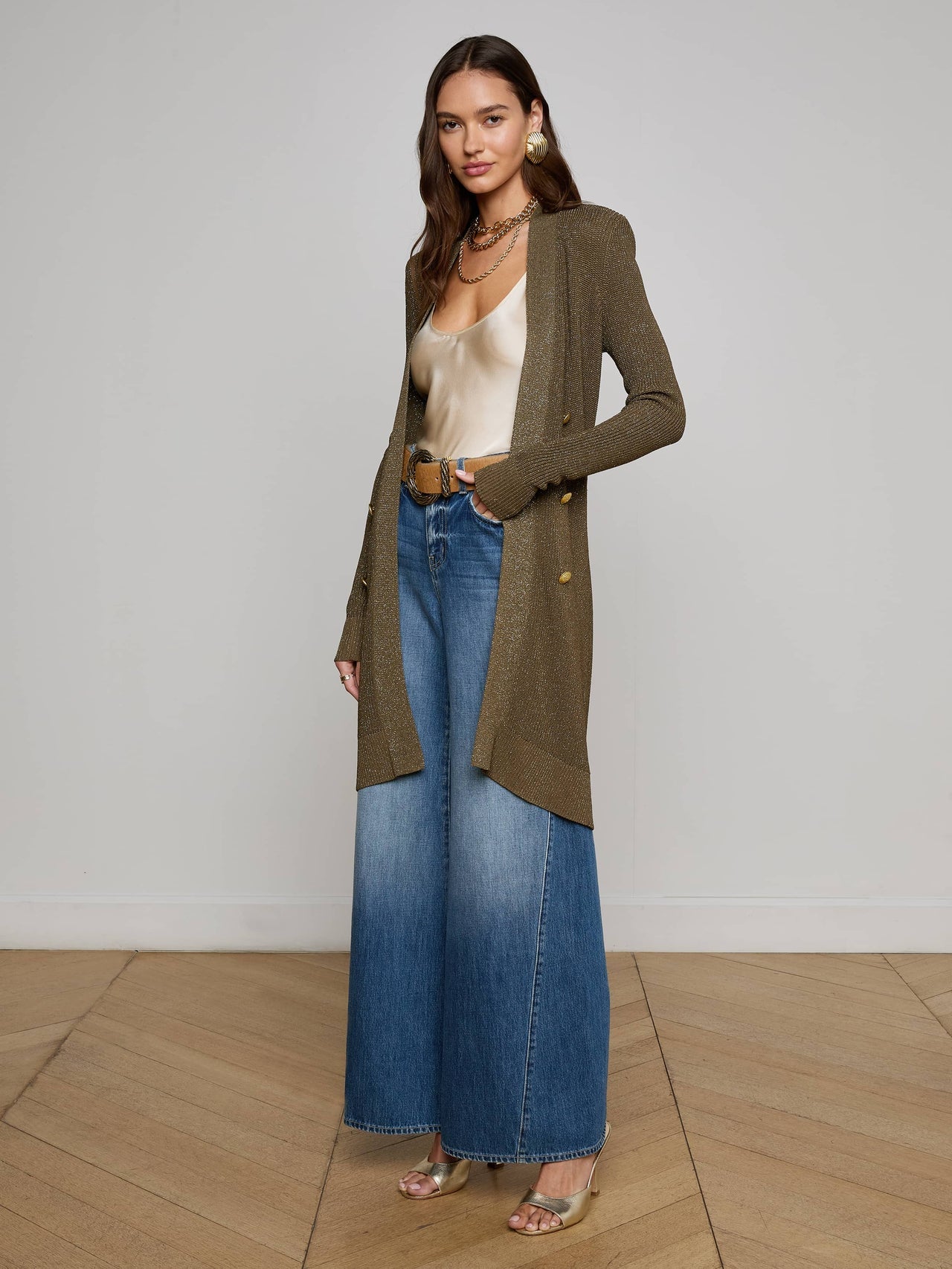 Noe Double-Breasted Cardigan in Pine/Gold | L'AGENCE for sale