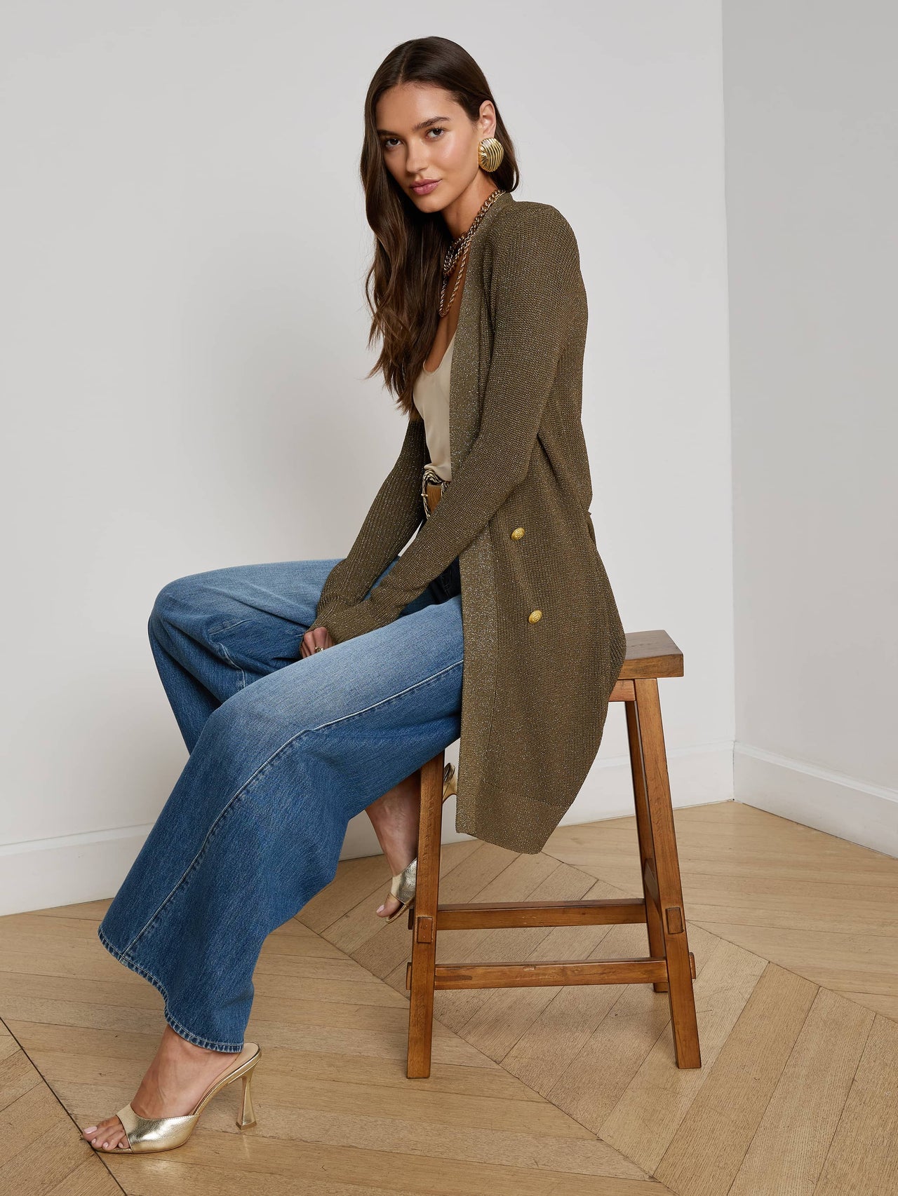 Noe Double-Breasted Cardigan in Pine/Gold | L'AGENCE for sale