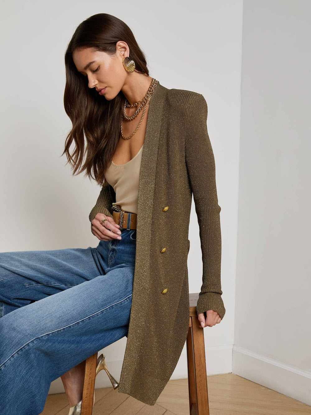 Noe Double-Breasted Cardigan in Pine/Gold | L'AGENCE for sale