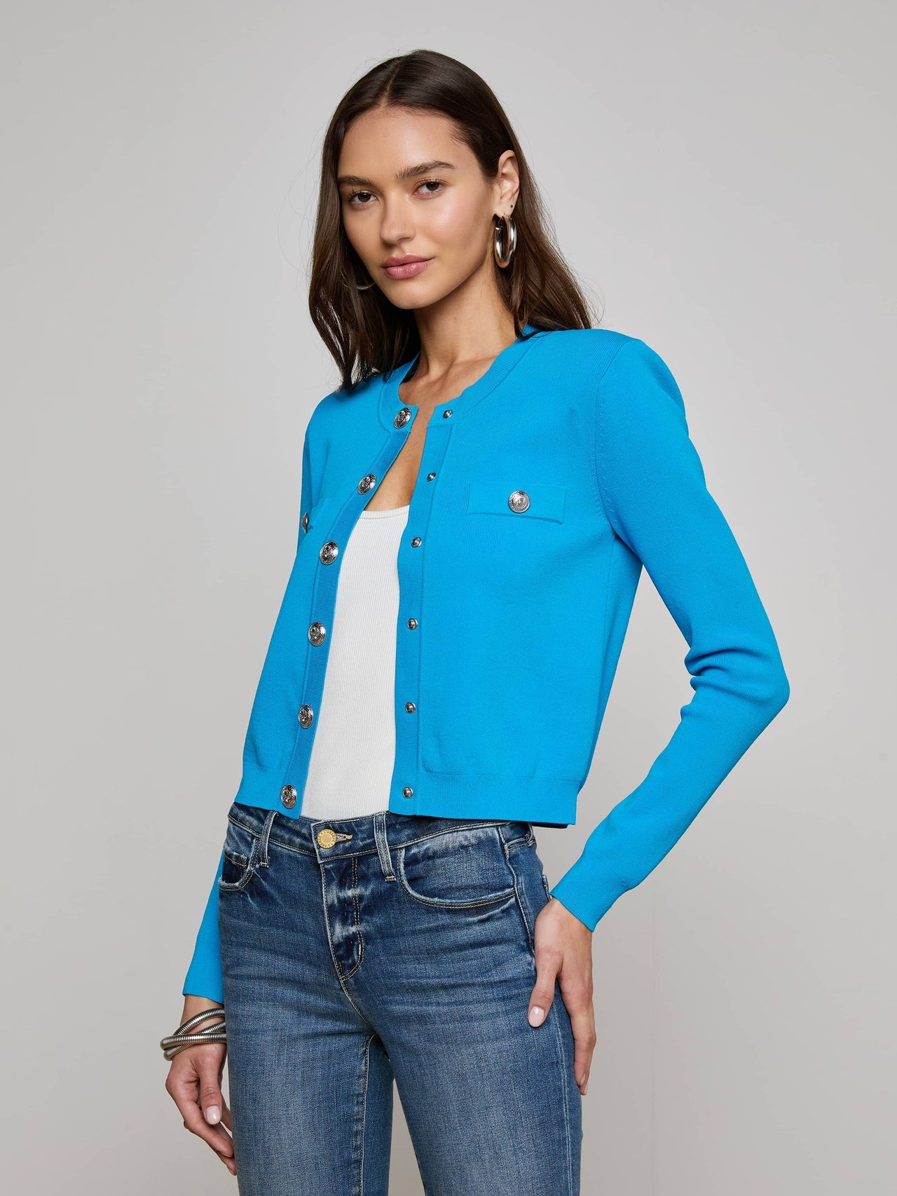 Toulouse Cardigan in Dresden Blue/Nickel | L'AGENCE sale