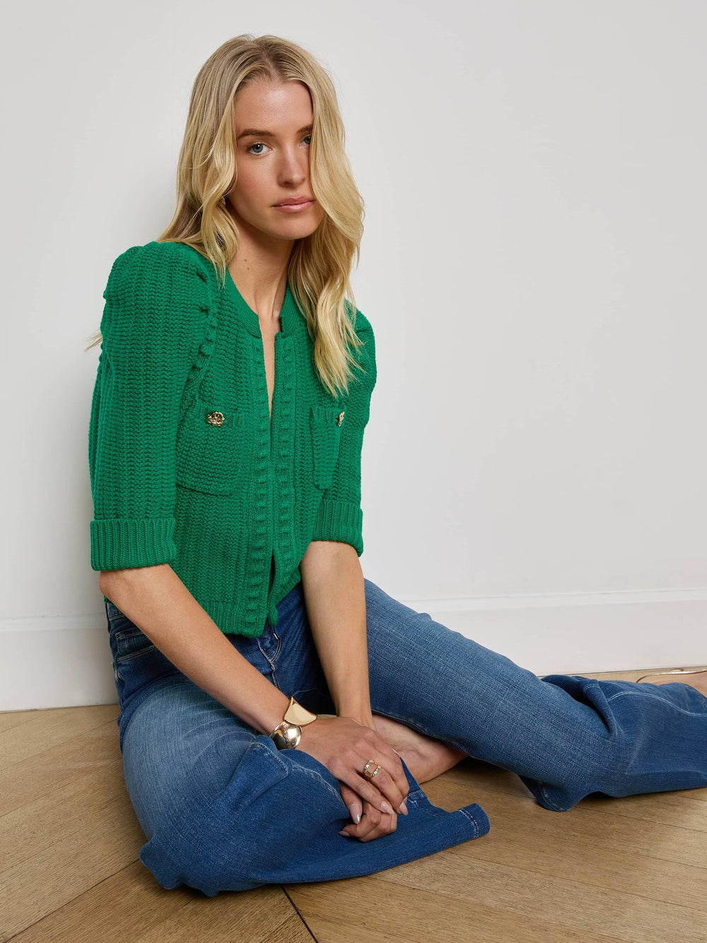 Delilah Cropped Cardigan in Kelly Green/Gold Knot | L'AGENCE sale
