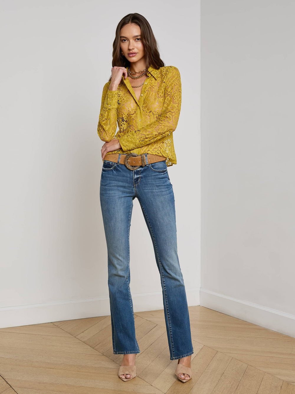 Maia Floral Lace Blouse in Ceylon Yellow Lace | L'AGENCE online