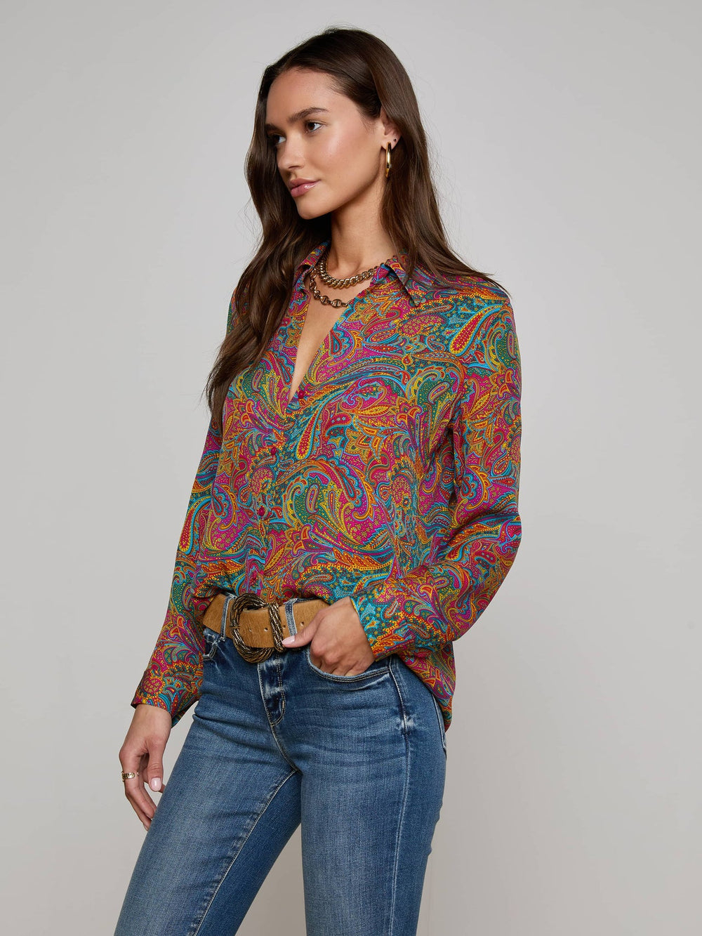 Nina Silk Blouse in Multi Santa Fe Paisley | L'AGENCE sale