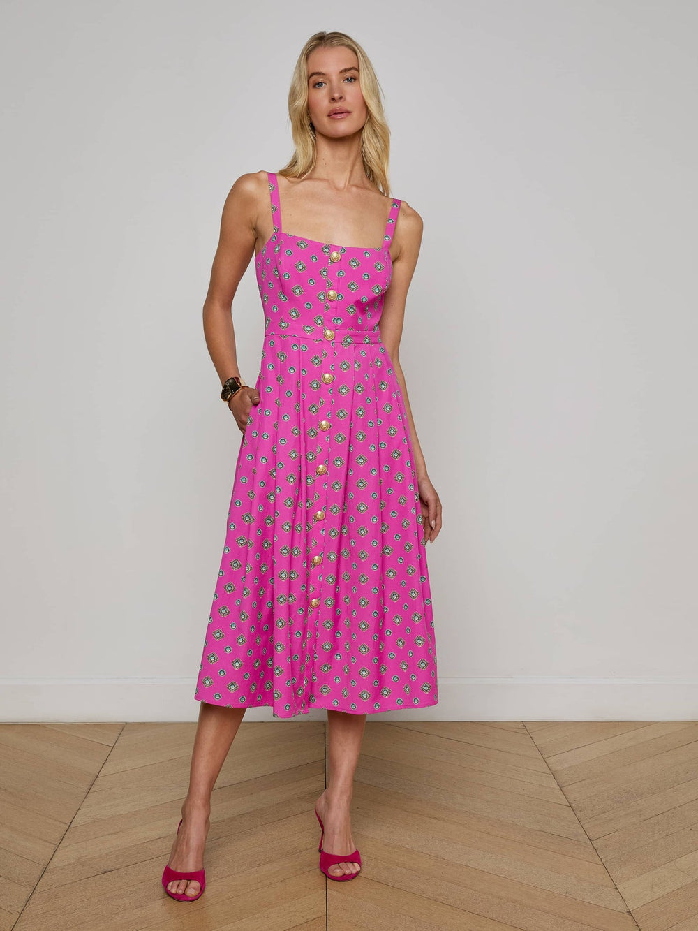 Esmeralda Poplin Dress in Fuchsia/Turquoise Southwestern Geo - L'AGENCE | L'AGENCE near me