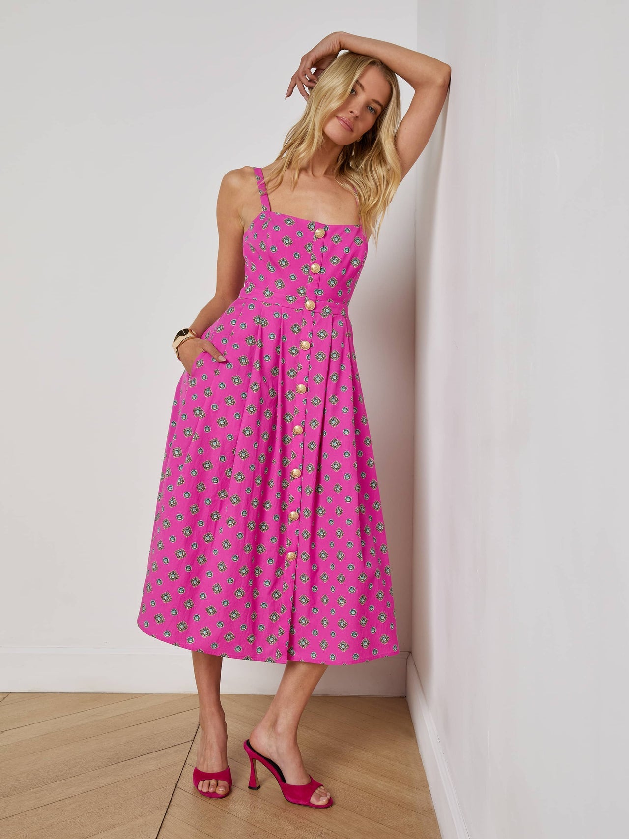 Esmeralda Poplin Dress in Fuchsia/Turquoise Southwestern Geo - L'AGENCE | L'AGENCE near me