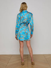 Demie Satin Shirt Dress in Dresden Blue/Gold Multi Southwest Chain | L'AGENCE US