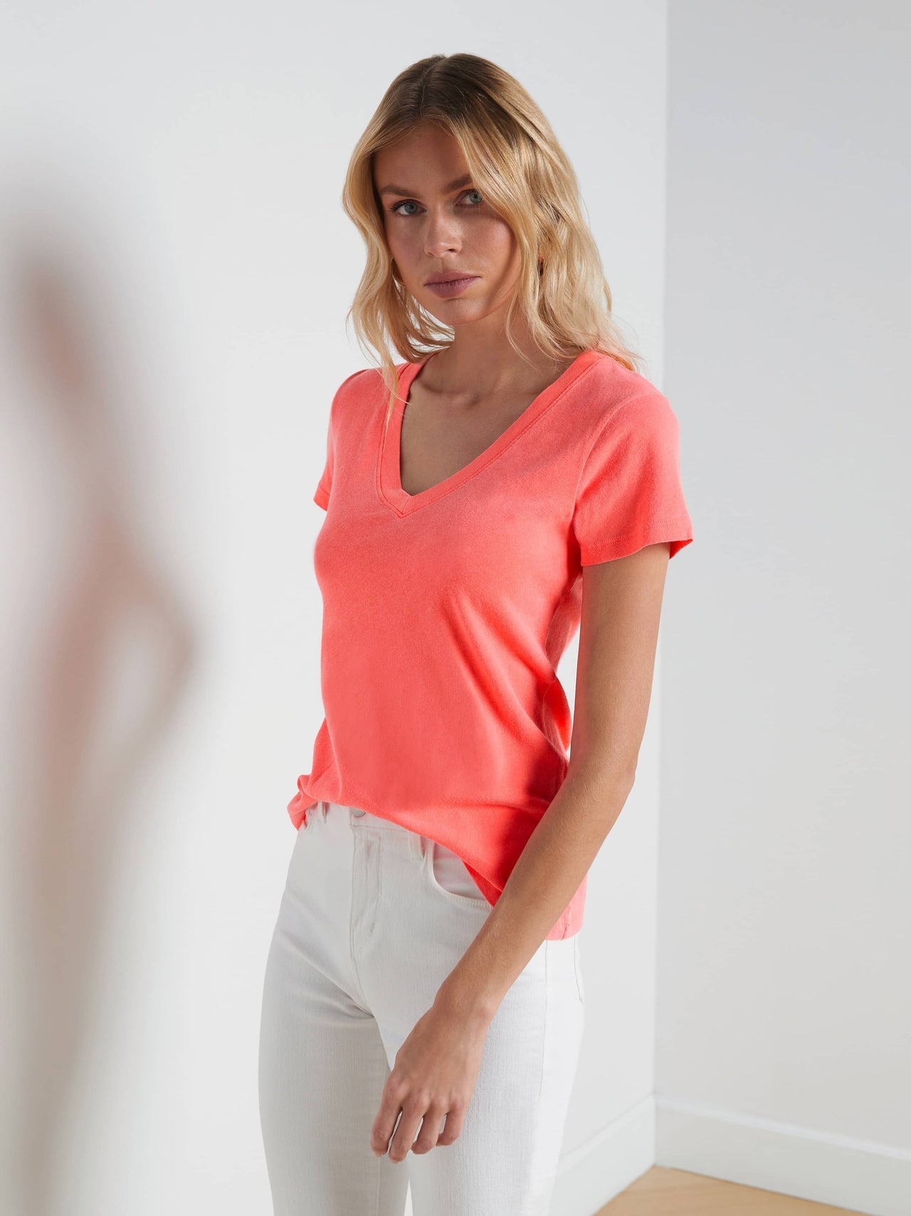 Becca Cotton V-Neck Tee in Coral | L'AGENCE sale