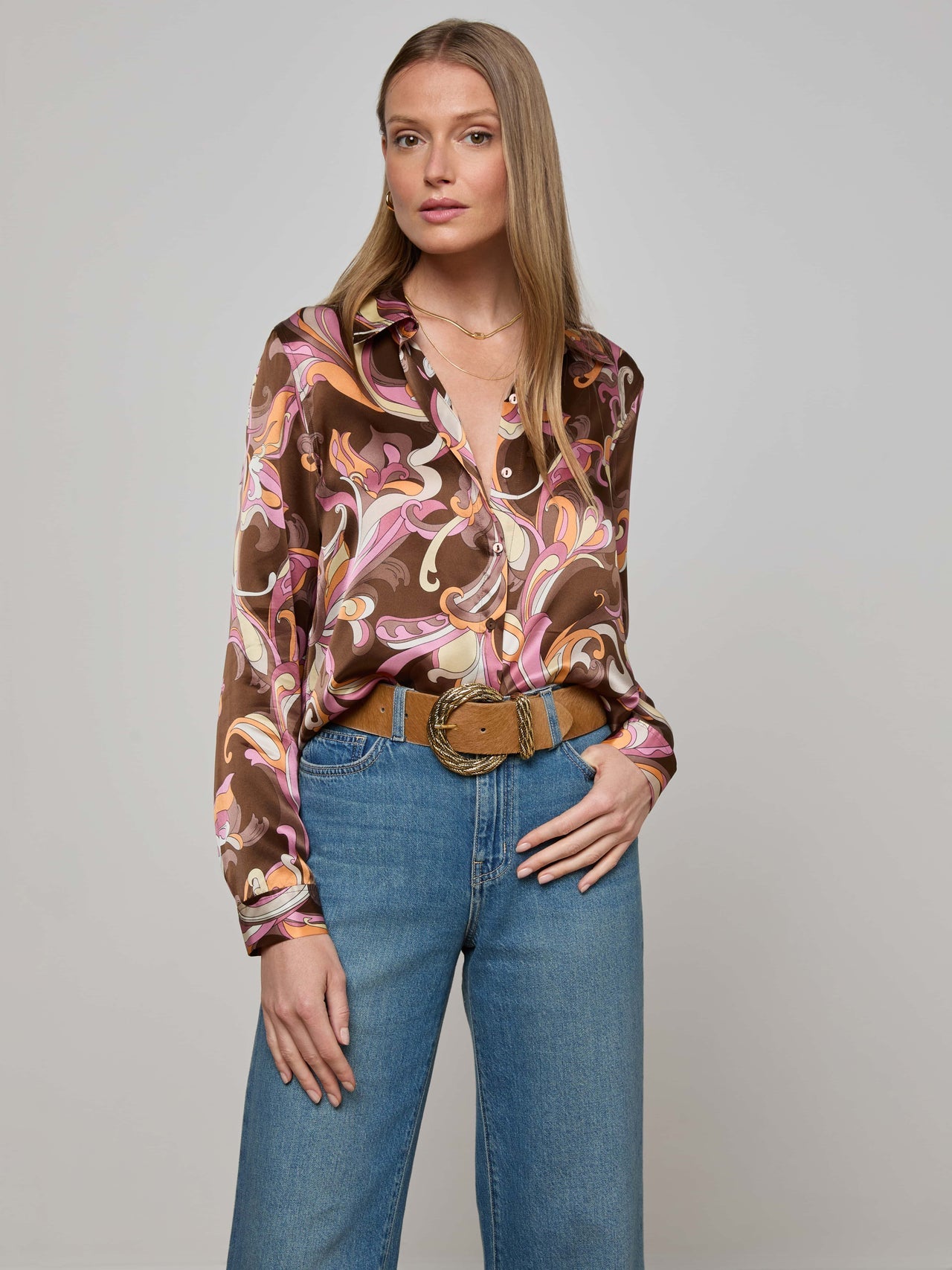 Tyler Silk Blouse in Brown/Pink Multi Small Abstract Paisley | L'AGENCE for sale