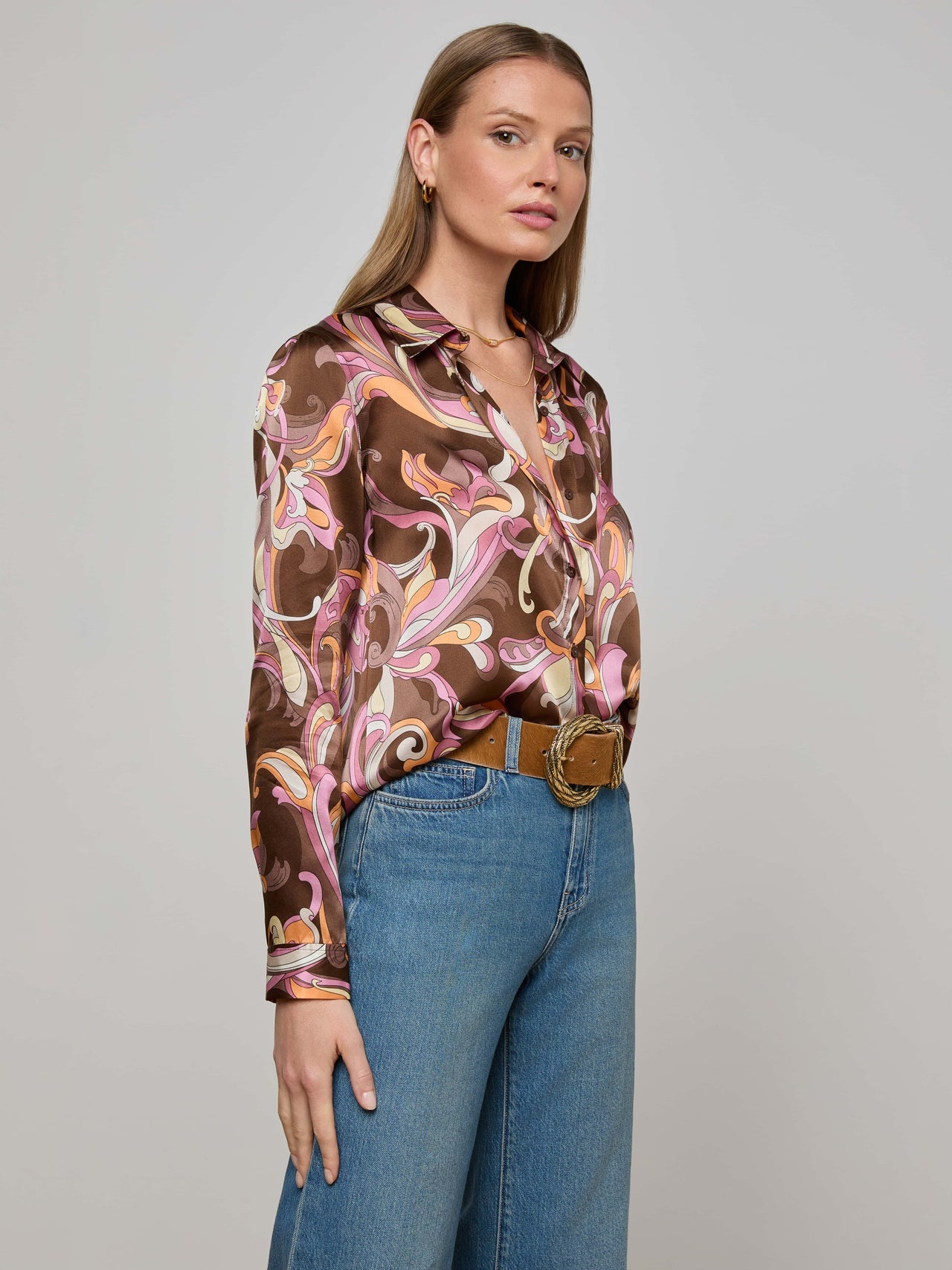 Tyler Silk Blouse in Brown/Pink Multi Small Abstract Paisley | L'AGENCE for sale