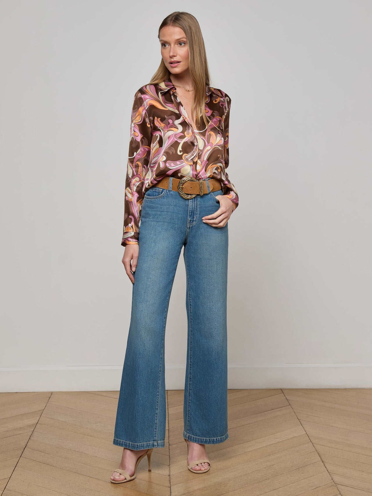 Tyler Silk Blouse in Brown/Pink Multi Small Abstract Paisley | L'AGENCE for sale