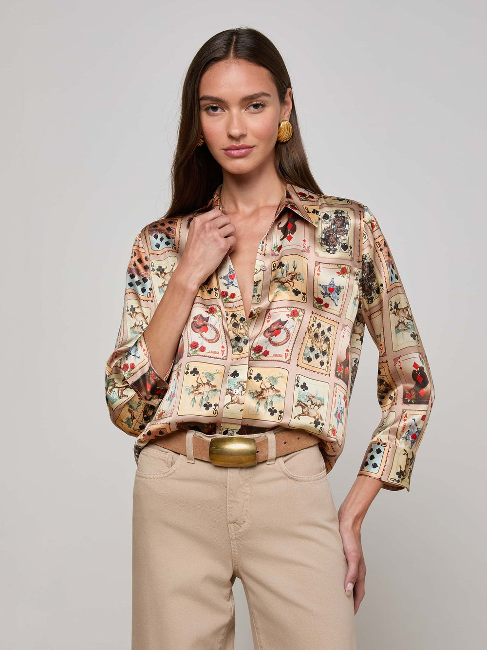 Dani Silk Blouse in Tan Multi Western Cards | L'AGENCE Women