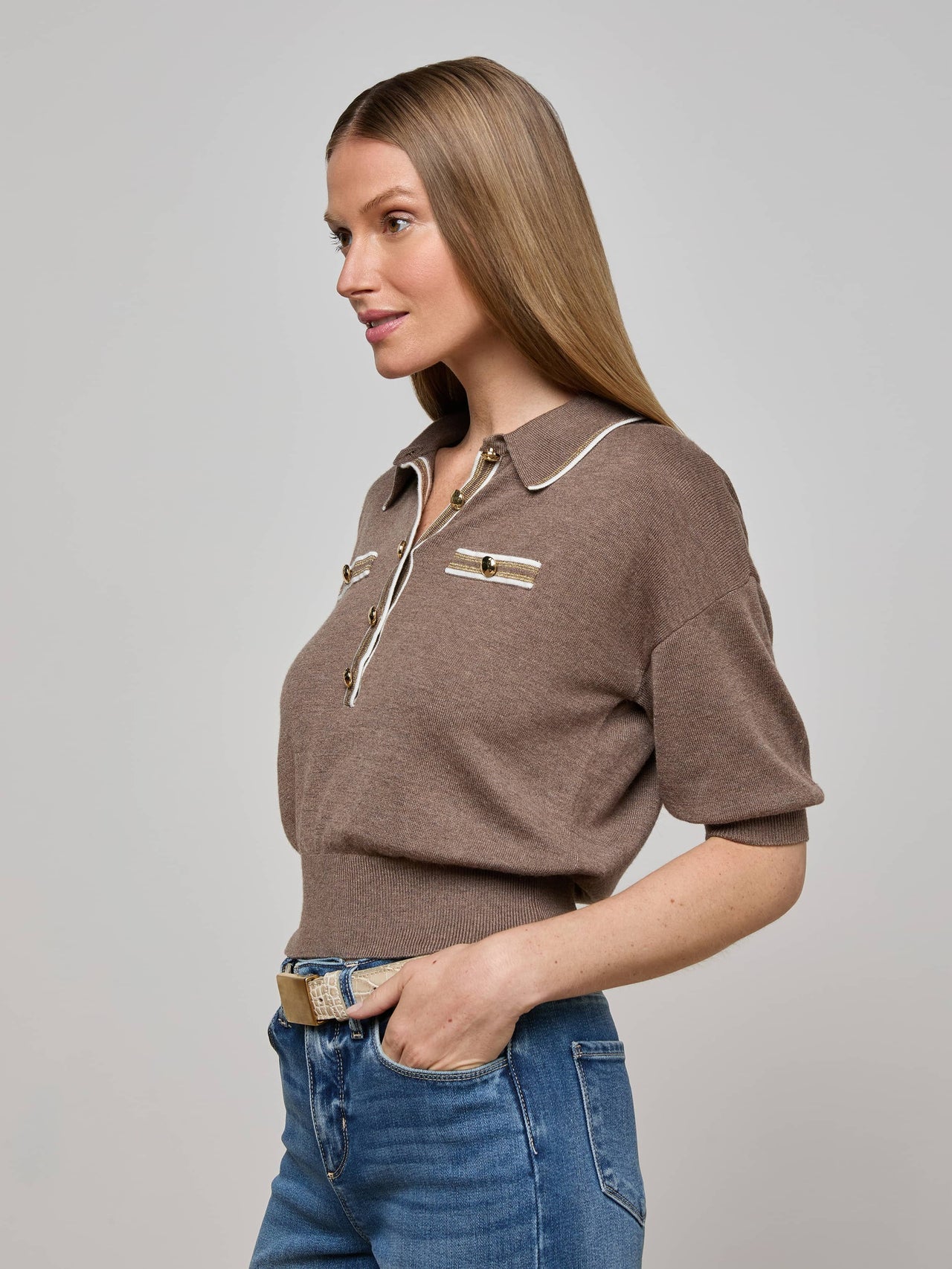 Masaki Cropped Sweater in Deep Taupe/Ivory/Gold | L'AGENCE discount