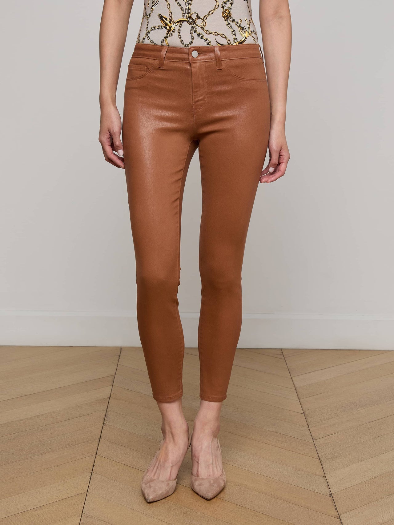 Margot Coated Cropped Skinny Jean in Cognac Coated | L'AGENCE US